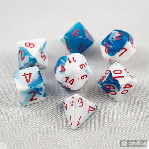 Set of 7 Chessex Gemini Astral Blue-White w/red RPG Dice