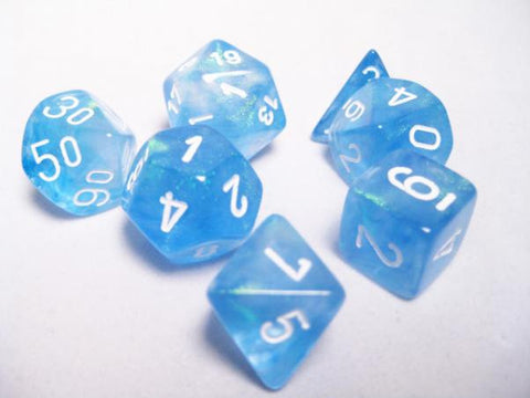 Set of 7 Chessex Borealis Sky Blue/white Luminary RPG Dice