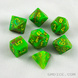 Green slime dice with yellow numbers, for RPGs like Pathfinder.