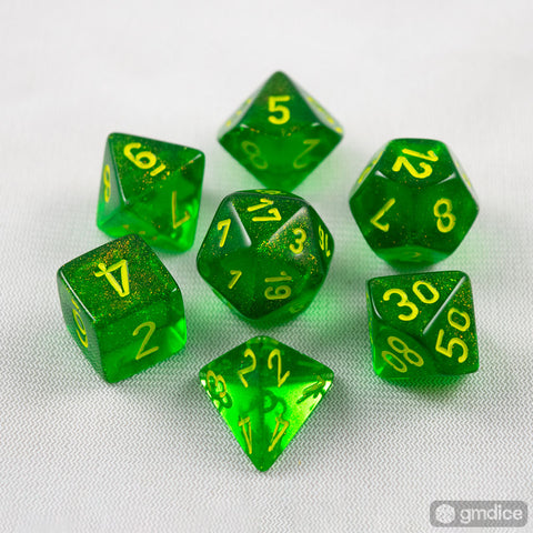 Set of 7 Chessex Borealis Maple Green/yellow RPG Dice