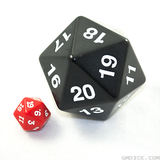 A big black die compared in size to an average-sized red die.