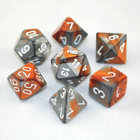 Set of 7 Chessex Gemini Copper-Steel w/white RPG Dice