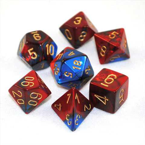 Set of 7 Chessex Gemini Blue-Red w/gold RPG Dice