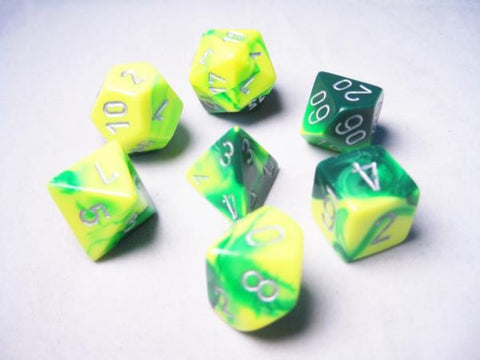 Set of 7 Chessex Gemini Green-Yellow w/silver RPG Dice