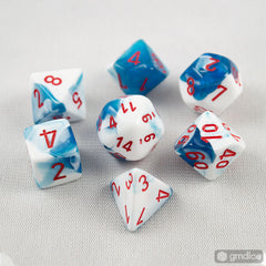Set of 7 Chessex Gemini Astral Blue-White w/red RPG Dice