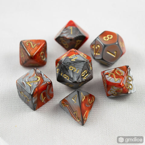 Set of 7 Chessex Gemini Orange-Steel/gold RPG Dice