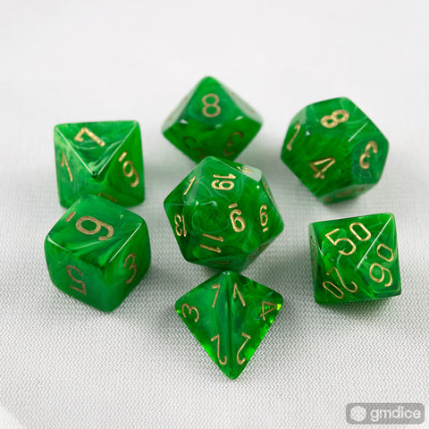 Set of 7 Chessex Vortex Green/gold RPG Dice