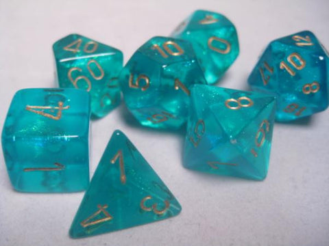 Set of 7 Chessex Borealis Teal/gold Luminary RPG Dice
