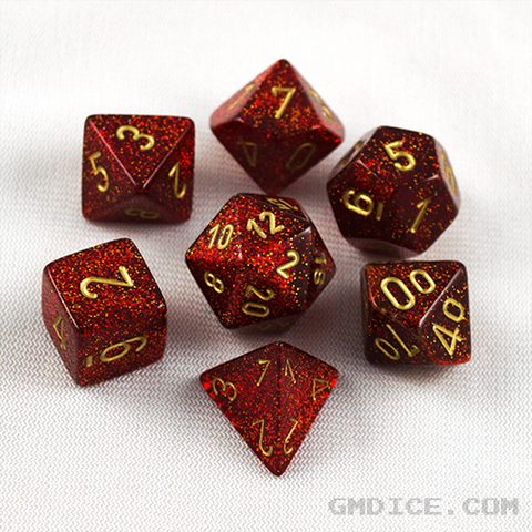 Ruby red glitter dice by Chessex for role-playing games, with gold numbering.