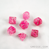 Pink RPG dice with glow-in-the-dark swirls.