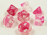 Set of 7 Chessex Gemini Clear-Pink with White Luminary RPG Dice