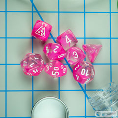 Set of 7 Chessex Gemini Clear-Pink with White Luminary RPG Dice
