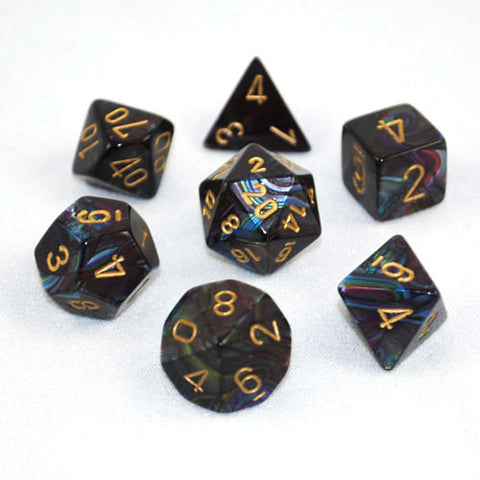 Set of 7 Chessex Lustrous Shadow/gold RPG Dice