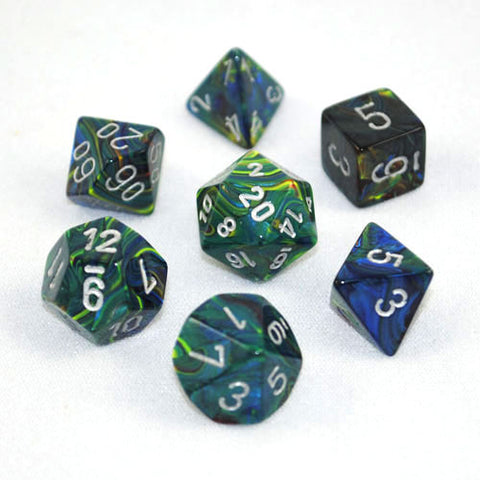 Set of 7 Chessex Festive Green/silver RPG Dice
