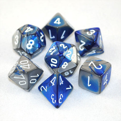 Set of 7 Chessex Gemini Blue-Steel w/white RPG Dice