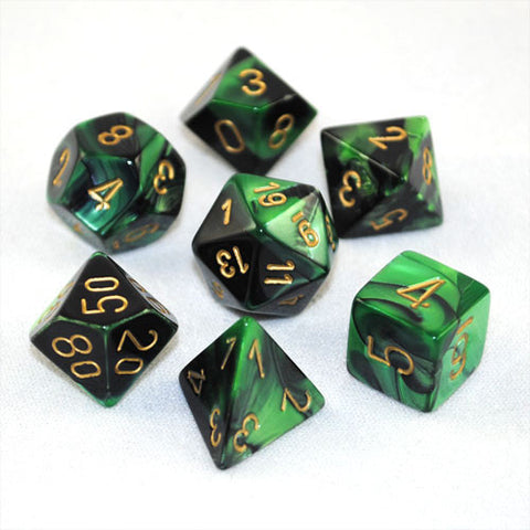 Set of 7 Chessex Gemini Black-Green w/gold RPG Dice
