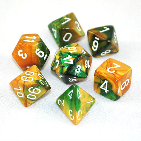 Set of 7 Chessex Gemini Gold-Green w/white RPG Dice