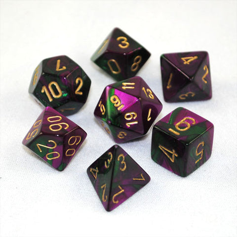 Set of 7 Chessex Gemini Green-Purple w/gold RPG Dice