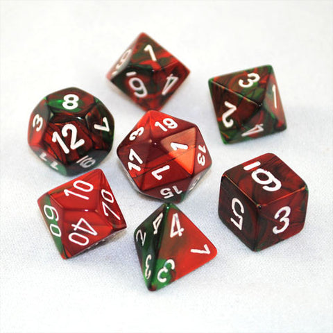 Set of 7 Chessex Gemini Green-Red w/white RPG Dice