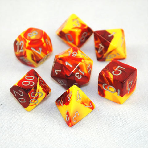 Set of 7 Chessex Gemini Red-Yellow w/silver RPG Dice