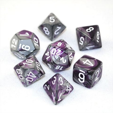 Set of 7 Chessex Gemini Purple-Steel w/white RPG Dice
