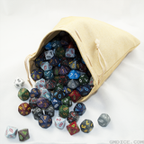 A leather dice bag full of dice.